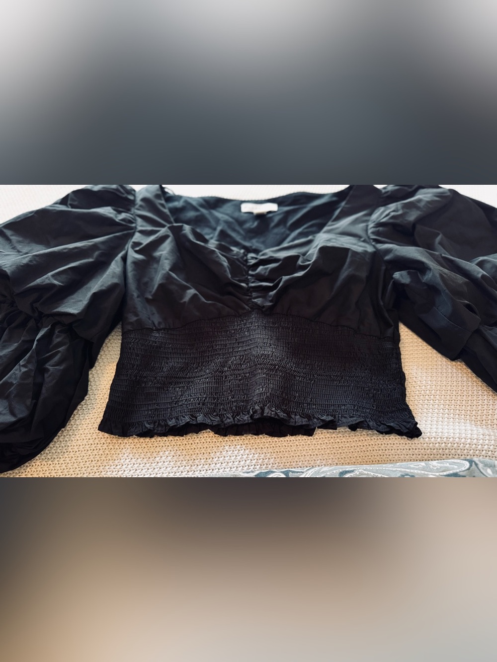 TOPSHOP Taffeta Puff Sleeve Blouse Smocked Black Crop Top - Picture 7 of 13